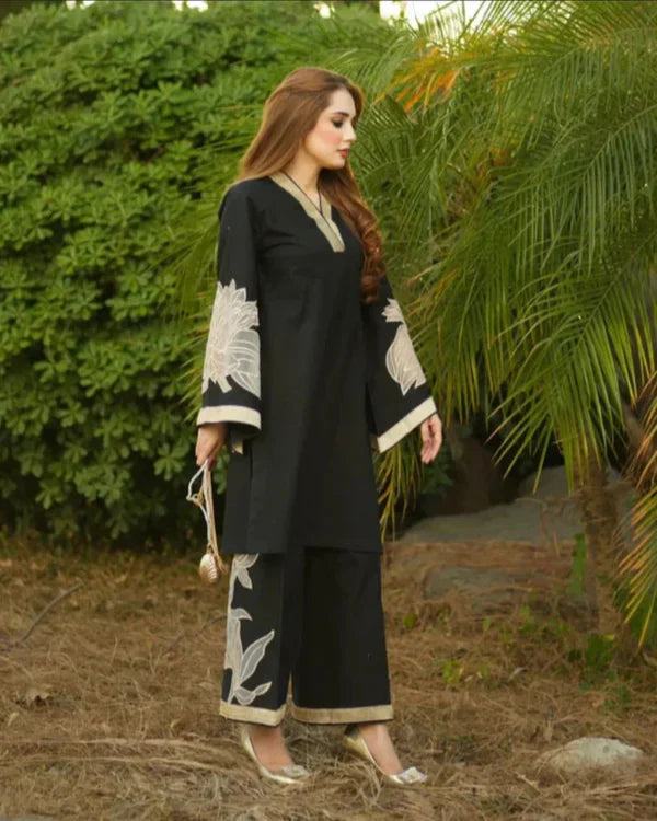 KUBRA PLAZO EMBROIDERED BLACK 2PC SUIT