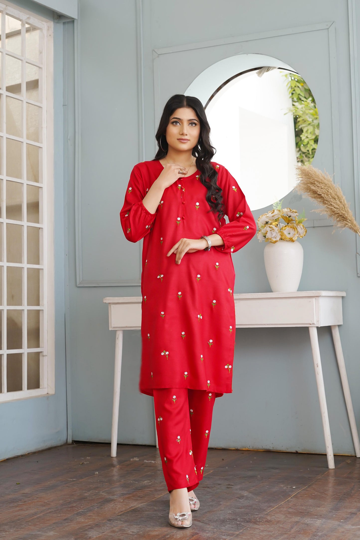 2PC Petal Embroidered Dress suit