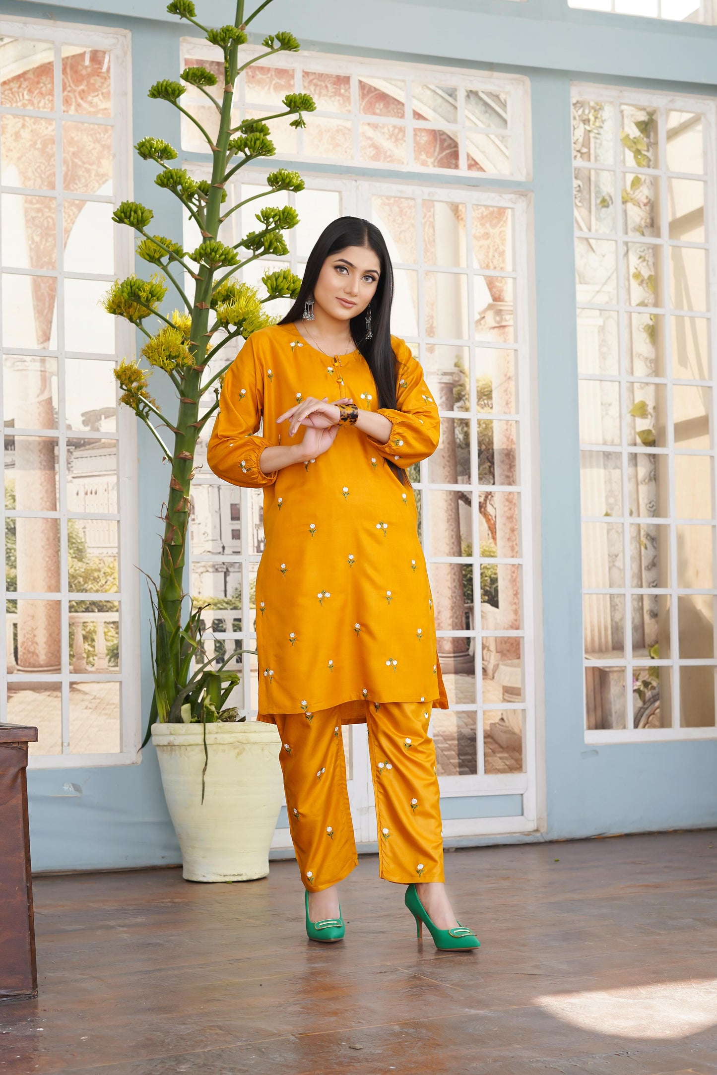 2PC Petal Embroidered Dress suit